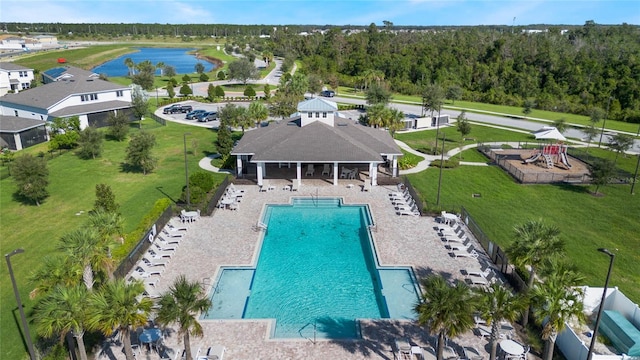 bird's eye view with a water view