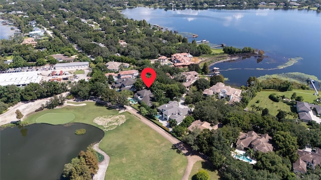 bird's eye view with a water view