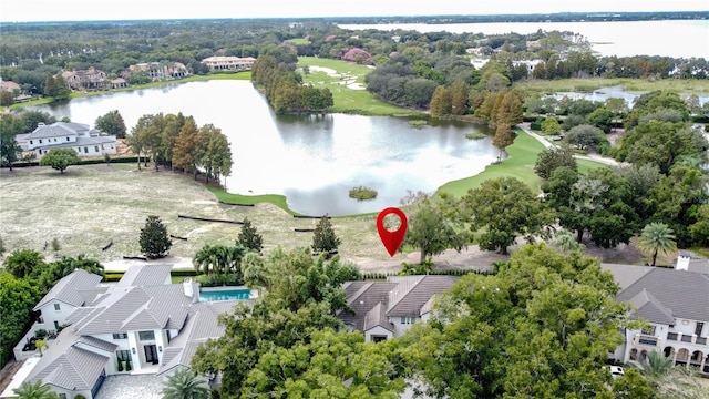 aerial view featuring a water view