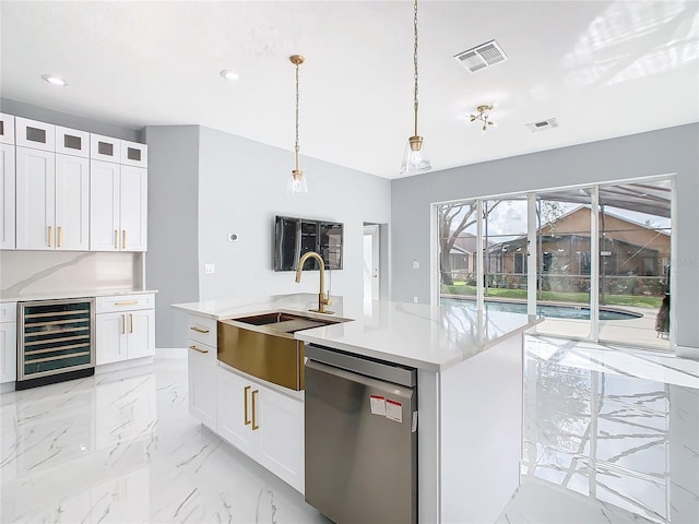 kitchen with white cabinetry, dishwasher, beverage cooler, and pendant lighting