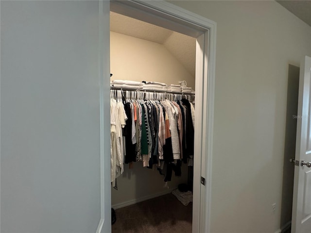 spacious closet featuring lofted ceiling and carpet flooring