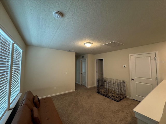 interior space with a textured ceiling and carpet