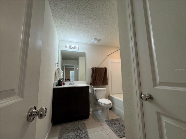 full bathroom with a textured ceiling, shower / tub combination, tile patterned floors, vanity, and toilet