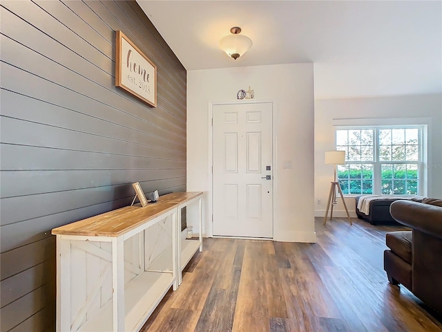 foyer featuring wood walls and dark hardwood / wood-style flooring