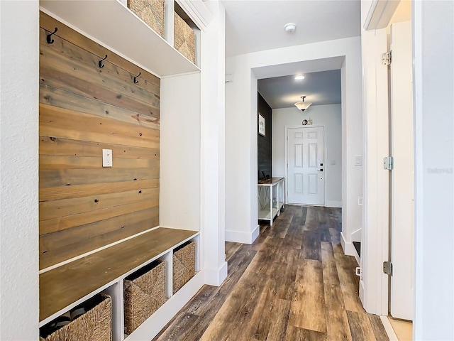 mudroom featuring dark wood-type flooring