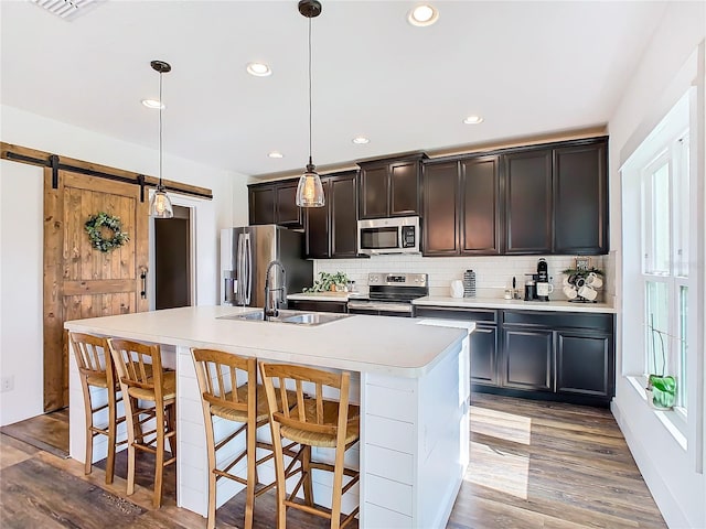 kitchen with hanging light fixtures, sink, a kitchen island with sink, stainless steel appliances, and a barn door