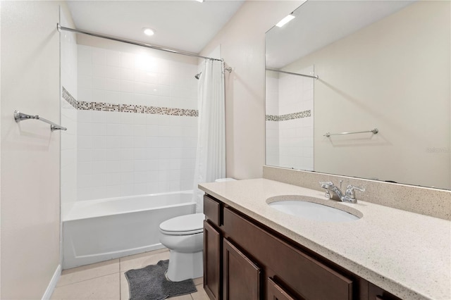 full bathroom featuring shower / bath combination with curtain, tile patterned floors, vanity, and toilet