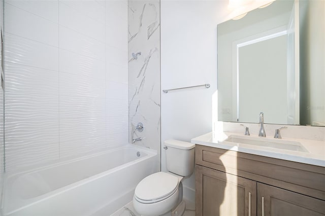 full bathroom with tiled shower / bath combo, vanity, and toilet