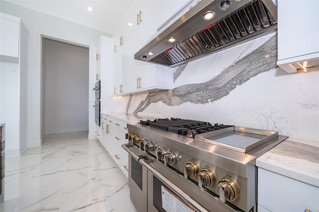 kitchen featuring ventilation hood, stainless steel appliances, and white cabinetry