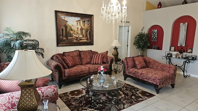 tiled living room featuring an inviting chandelier