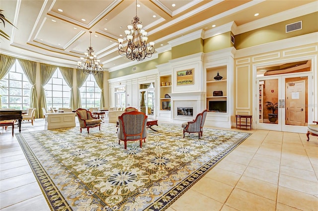 living room featuring a high ceiling, crown molding, plenty of natural light, and french doors