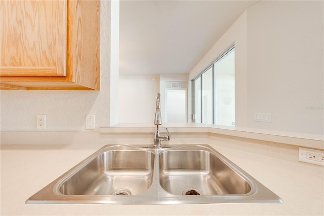 details featuring light brown cabinets and sink