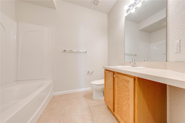 full bathroom featuring vanity, shower / bath combination, tile patterned flooring, and toilet