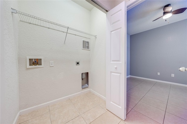 washroom featuring ceiling fan, light tile patterned flooring, hookup for an electric dryer, and hookup for a washing machine