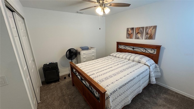 carpeted bedroom with ceiling fan