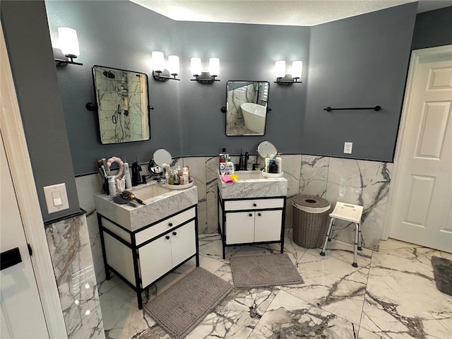 bathroom featuring walk in shower, tile walls, and vanity