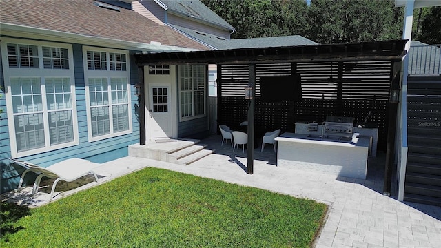 exterior space featuring a lawn and a patio area