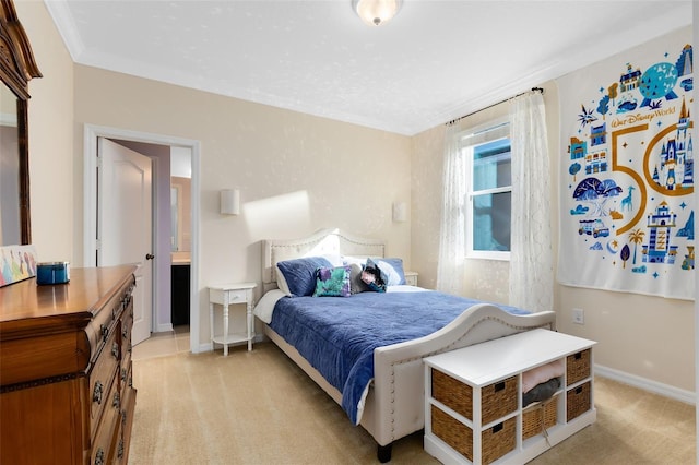 bedroom featuring light colored carpet and ornamental molding