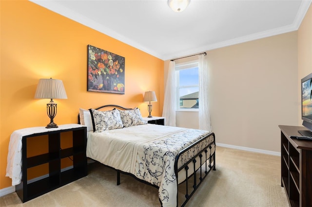 carpeted bedroom with crown molding