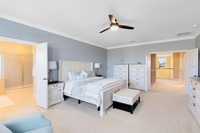 carpeted bedroom with ornamental molding and ceiling fan