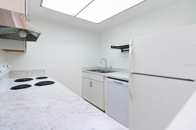 kitchen with white cabinets, sink, white appliances, and range hood