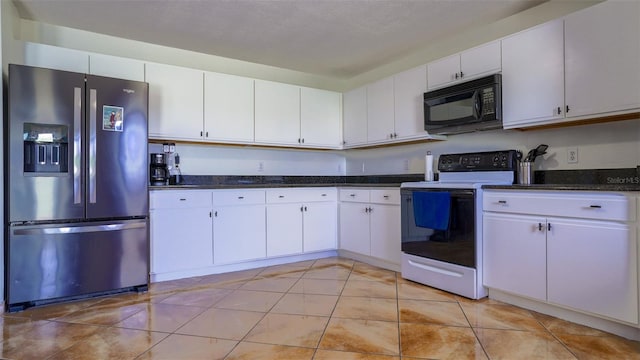 kitchen with stainless steel refrigerator with ice dispenser, light tile patterned floors, white cabinetry, and electric range