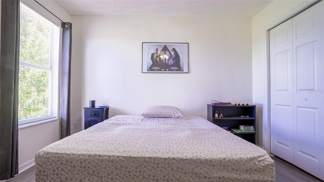 bedroom featuring a closet, dark wood-type flooring, and a textured ceiling