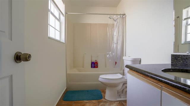 full bathroom with shower / bath combination with curtain, tile patterned flooring, vanity, and toilet