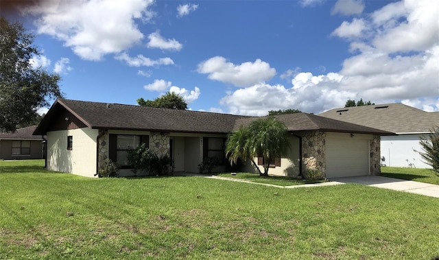 single story home featuring a garage and a front lawn