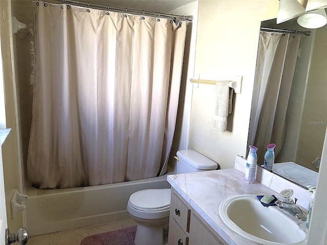 full bathroom featuring toilet, shower / bath combination with curtain, vanity, and tile patterned flooring