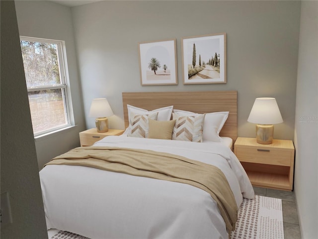 tiled bedroom featuring multiple windows