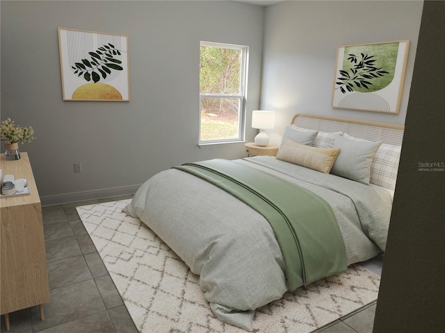 bedroom featuring dark tile patterned flooring