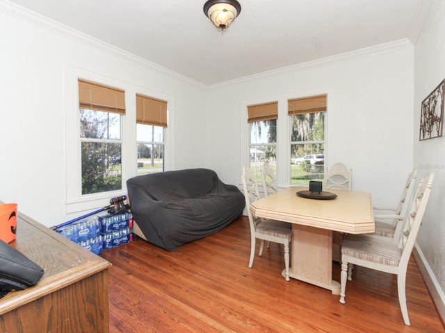 dining space featuring ornamental molding, hardwood / wood-style floors, and a healthy amount of sunlight