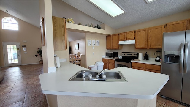 kitchen with high vaulted ceiling, a wealth of natural light, appliances with stainless steel finishes, and sink