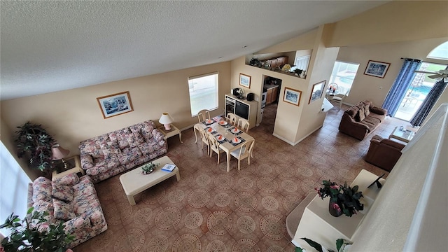 living room with a textured ceiling, lofted ceiling, carpet, and a wealth of natural light