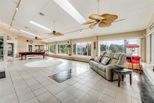 sunroom with visible vents, vaulted ceiling, track lighting, and pool table