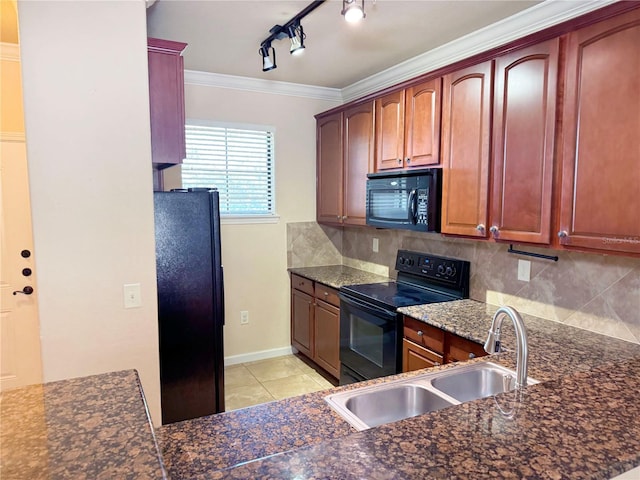 kitchen with ornamental molding, black appliances, sink, and backsplash