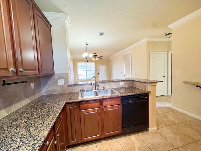 kitchen with decorative backsplash, black dishwasher, light tile patterned flooring, crown molding, and sink