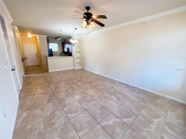 unfurnished living room with ornamental molding and ceiling fan with notable chandelier