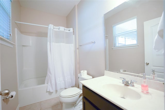 full bathroom with toilet, vanity, shower / bath combination with curtain, and tile patterned flooring