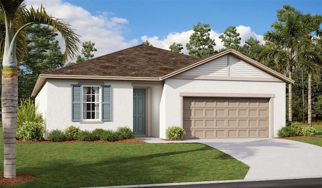 ranch-style house featuring a front lawn and a garage