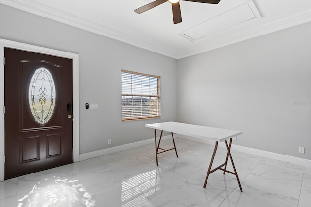 entryway featuring ornamental molding and ceiling fan