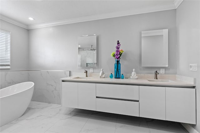 bathroom featuring tile walls, vanity, crown molding, and independent shower and bath