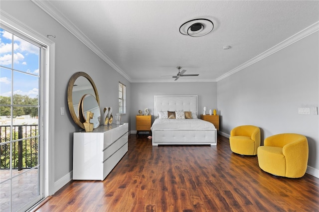 bedroom with dark hardwood / wood-style flooring, crown molding, access to exterior, and ceiling fan