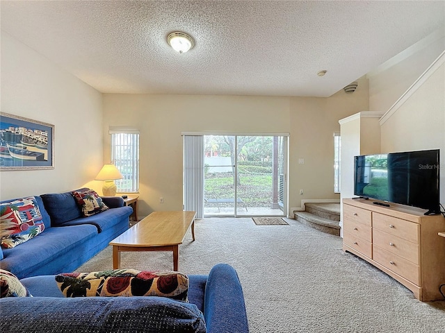 carpeted living room with a textured ceiling