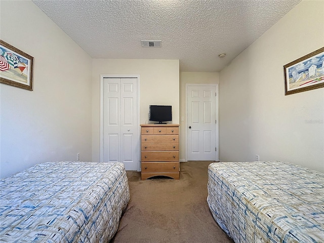 bedroom featuring carpet floors, a textured ceiling, and a closet