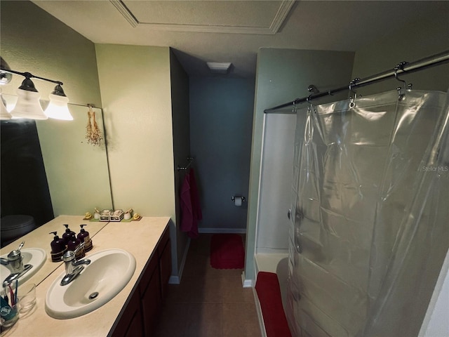 full bathroom with vanity, tile patterned flooring, toilet, and shower / bath combo