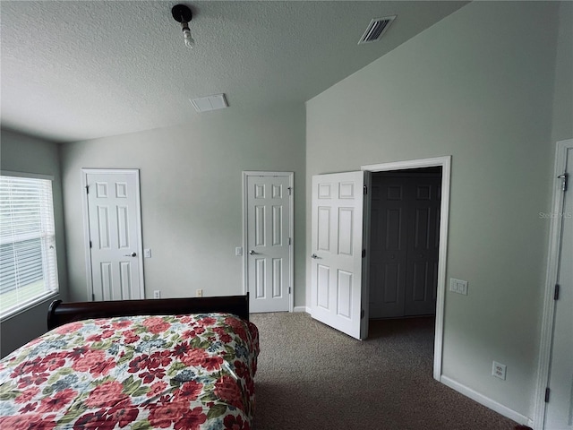 carpeted bedroom with a textured ceiling and vaulted ceiling