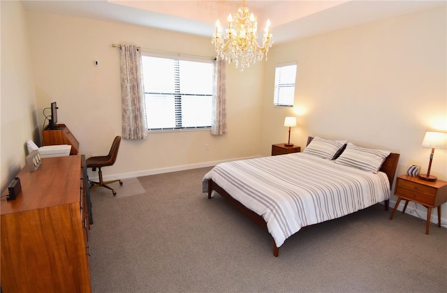 carpeted bedroom with a chandelier and multiple windows