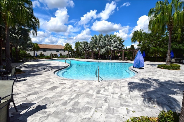 view of swimming pool featuring a patio area